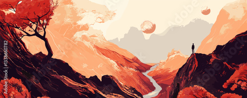 Surreal landscape with solitary figure gazing at abstract red mountains and river scene.