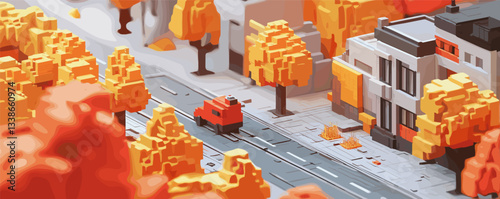 Futuristic city street in autumn with orange foliage and modern building architecture.