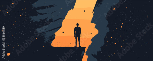 Silhouette of a lone figure standing on a cliff edge against an abstract cosmic background.