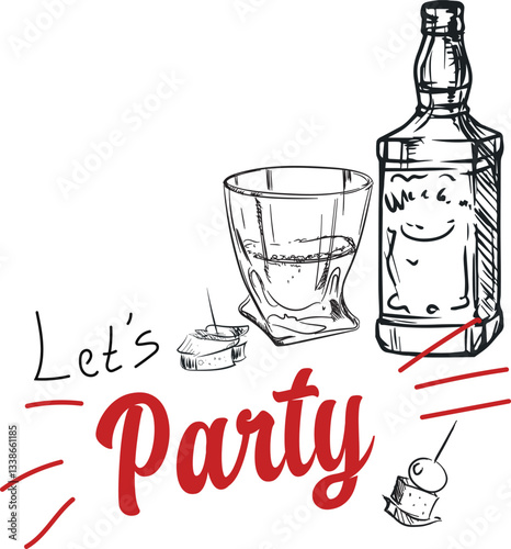 Vector design poster bar, menu, party, whiskey bottle, glass. Hand drawn brush illustration, drink, alcohol