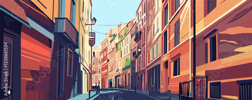 Vibrant illustration of a sunlit european street with colorful buildings and clear blue sky.