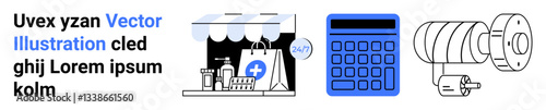 Pharmacy storefront with healthcare products, a calculator representing finances, and a security camera symbolizing monitoring. Ideal for online shopping, healthcare, retail, finance, technology
