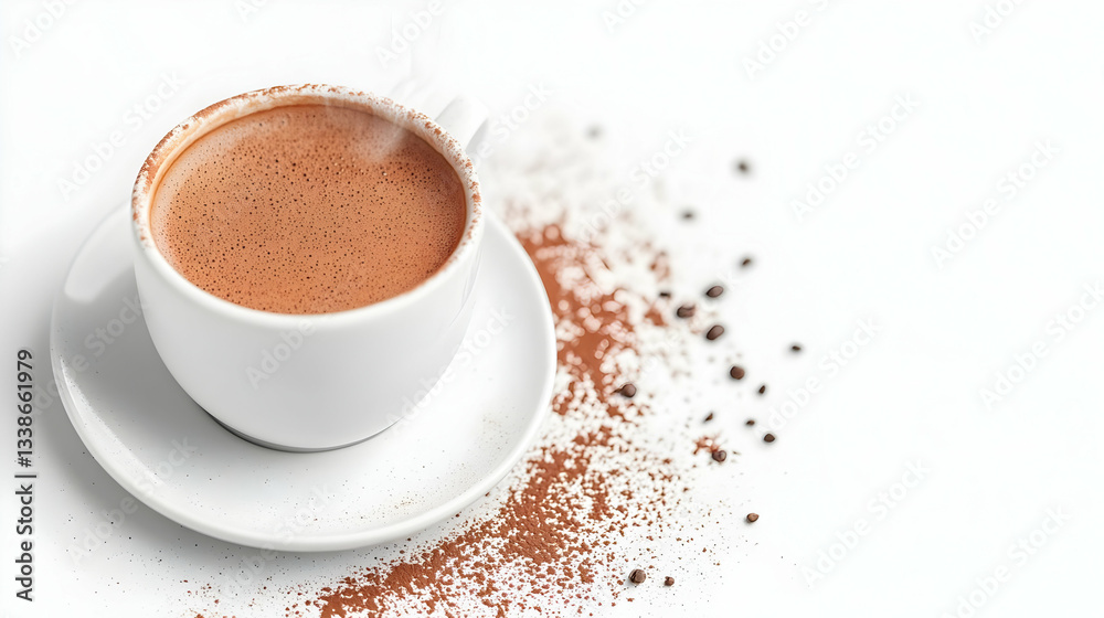 Obraz premium Steaming Hot Chocolate in White Cup on Marble Table – Cozy Beverage Delight