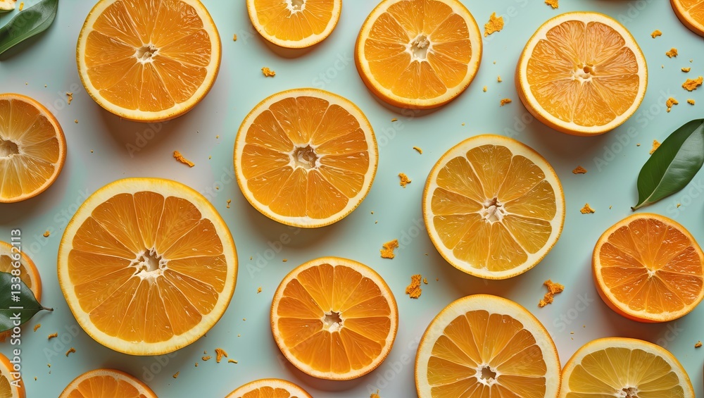 Vibrant orange slices arranged on a pastel blue background with green leaves scattered, showcasing a fresh and colorful fruit display. Vibrant orange slices arranged on a pastel blue background with green leaves scattered, showcasing a fresh and colorful fruit display.