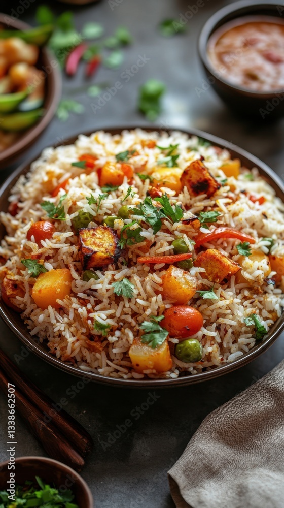 Delicious and Colorful Vegetable Biryani with Paneer Cubes Aromatic Basmati Rice and Fresh Herbs Close Up Shot Indian Cuisine Delicious and Colorful Vegetable Biryani with Paneer Cubes Aromatic Basmati Rice and Fresh Herbs Close Up Shot Indian Cuisine