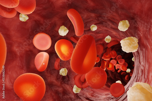 Red blood cells and glucose particles and impurities flowing in an arterial vessel. Illustration of the concept of blood sugar level, viral and bacterial infection