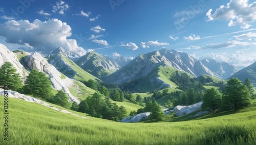 Wallpaper Mural Lush green mountain landscape under a bright blue sky, with majestic peaks and scattered clouds enhancing the serene summer atmosphere. Torontodigital.ca
