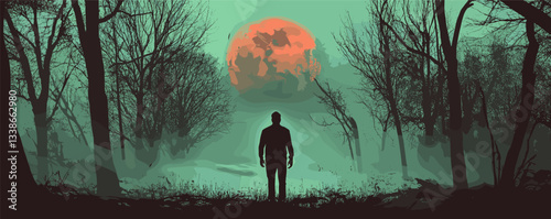Silhouette of lone man facing blood moon in mystical forest landscape.