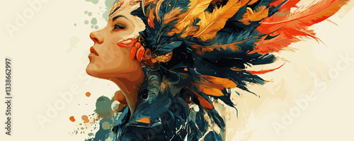 Abstract portrait of woman with vibrant feathered headdress in profile view.