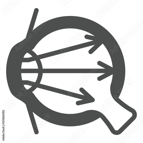 Light beam in eye solid icon, optics and vision concept. Vector graphics. Human eye organ with ray arrows sign on white background, glyph style icon for mobile or web design.