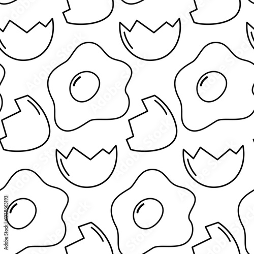Outline Hand drawn Fried eggs with yolk Cracked eggshell Seamless pattern. Culinary Background idea