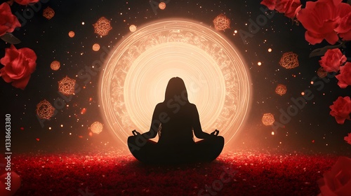Maa Kamakhya seated in her temple, a mystical aura surrounding her, with crimson flowers and tantric symbols floating in the air.