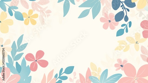 Floral border, pastel colors, decorative flowers and leaves.  Background empty space. Possible use  design element, template, invitation photo