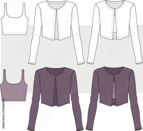 Women's crop top bra long sleeve cardigan set, fashion drawing, illustration. Flat sketch template, CAD mock-up.
