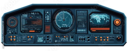 Futuristic control panel with radar and digital interface in high-tech spacecraft cockpit.