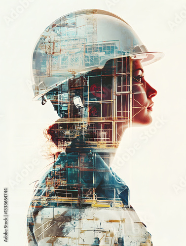 double exposure of a draftsman with site helmet and a construction plan, color