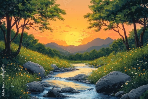 Enchanting Sunset Over a Serene Mountain Stream with Lush Greenery and Vibrant Wildflowers Framing the Tranquil Waters Reflecting the Sky