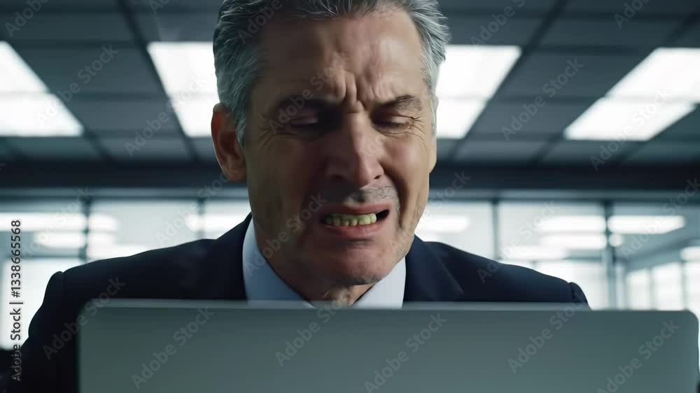 A businessman with graying hair exhibits frustration as smoke rises from his head. He glares at his laptop in a sleek office, showcasing a moment of stress during work hours. A businessman with graying hair exhibits frustration as smoke rises from his head. He glares at his laptop in a sleek office, showcasing a moment of stress during work hours.