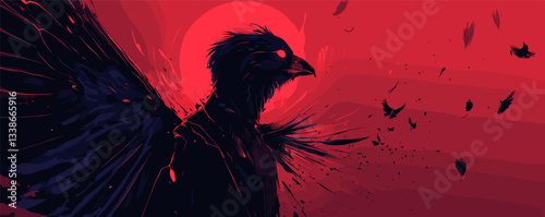 Dark silhouette of majestic bird with red moon and dramatic feathers in flight.