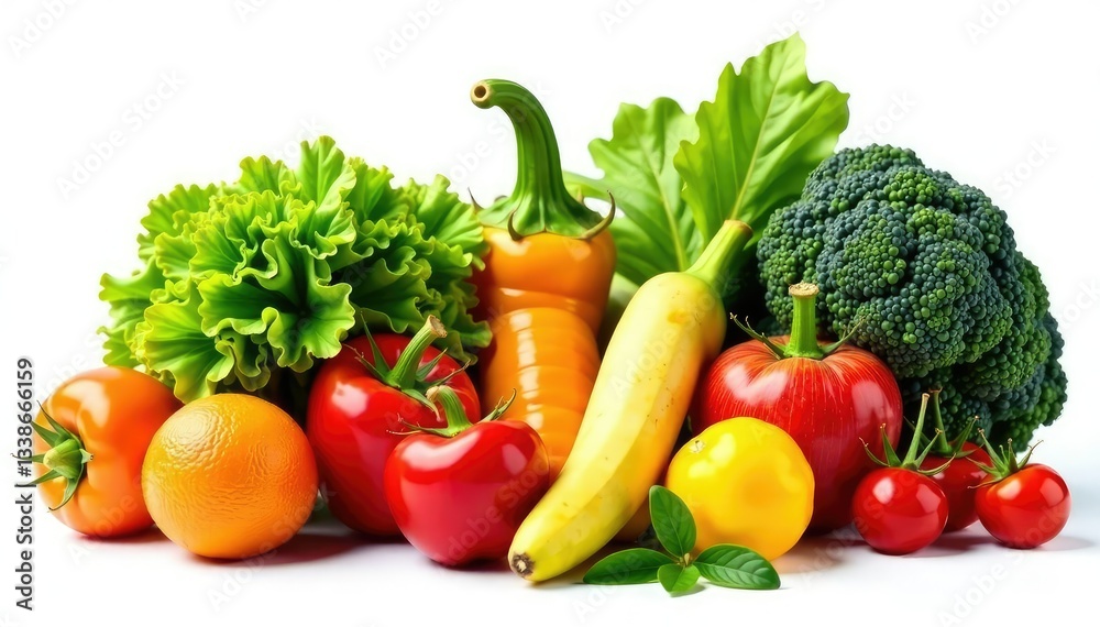 Variety of organic fruits and vegetables isolated on white, colorful, ingredients Variety of organic fruits and vegetables isolated on white, colorful, ingredients