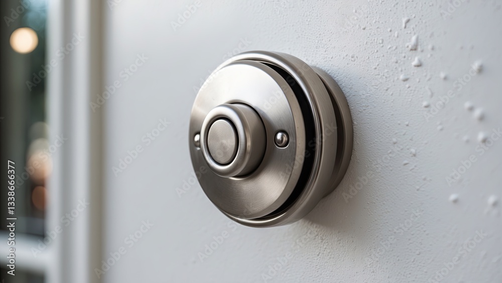 Stainless steel bell button featuring a sleek circular design mounted on a smooth white wall providing a modern and minimalist aesthetic. Stainless steel bell button featuring a sleek circular design mounted on a smooth white wall providing a modern and minimalist aesthetic.