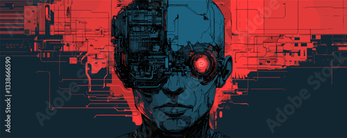 Futuristic cyborg with enhanced visual interface in sci-fi digital background.