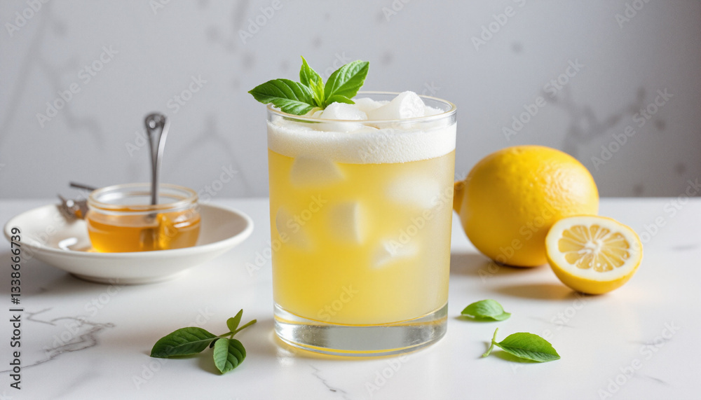 Fototapeta premium Chilled glass of homemade basil lemonade with ice and lemon on a marble countertop