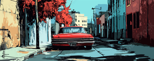 Vintage red car parked on urban street with red foliage in background on sunny day.