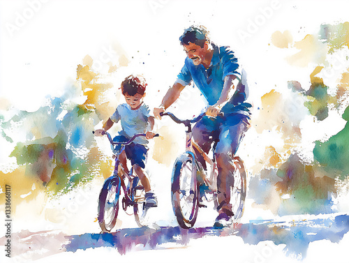 Heartwarming watercolor depiction of a father showing his son how to ride a bike