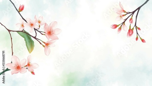Zarte Aquarellillustration von rosa Kirschblütenzweigen und grünen Blättern auf hellem Hintergrund. Ideal für Frühlingsdesigns und botanische Hintergründe.