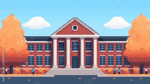 Pixel Art Illustration of a Classic Brick School Building Surrounded by Autumn Trees and Clear Blue Sky
