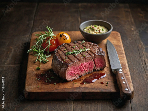 A medium-rare filet mignon on a rustic wooden cutting board.