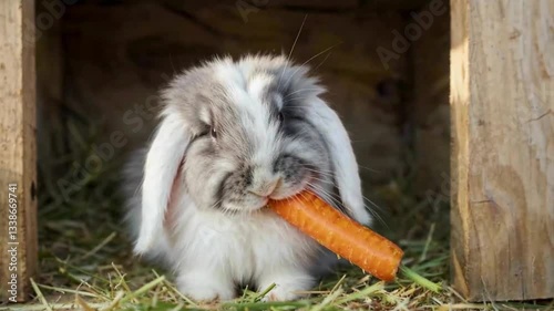 Fluffy Angora Rabbit enjoys a fresh carrot inside a rustic wooden hutch, basking in the golden glow of the setting sun for the perfect cozy farm aesthetic.