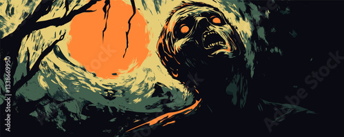 Terrifying zombie in eerie forest under blood moon lighting with ominous atmosphere.