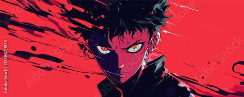 Intense anime character with red background and fierce expression.