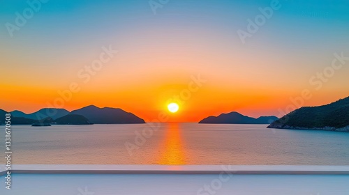 Sunset over ocean landscapes idea. Breathtaking sunset over the calm sea, with silhouettes of islands and vibrant colors.