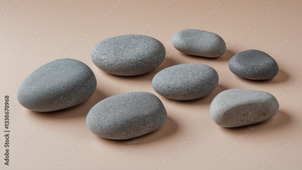 Seven smooth grey stones of varying sizes arranged asymmetrically on a soft beige pastel background creating a tranquil and minimalistic composition Seven smooth grey stones of varying sizes arranged asymmetrically on a soft beige pastel background creating a tranquil and minimalistic composition