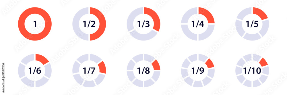 diagrams showing fractions from half to tenth with highlighted segments in attractive style. diagrams showing fractions from half to tenth with highlighted segments in attractive style.
