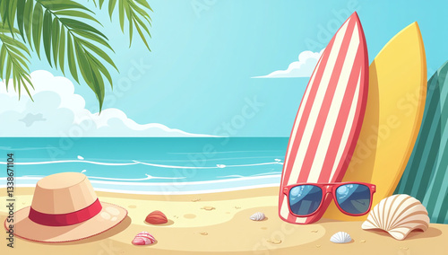 summer holiday accessories include surfboards sunglasses seashells cartoon flat vector illustration beach