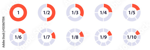 diagrams showing fractions from half to tenth with highlighted segments in attractive style.