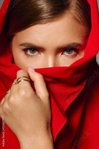Elegant woman in chic red scarf exuding style and confidence in a modern urban setting