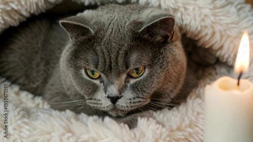 Adorable Scottish Fold cat with plush gray fur snuggles into a soft fleece blanket, purring peacefully as a warm candle flickers in the background.