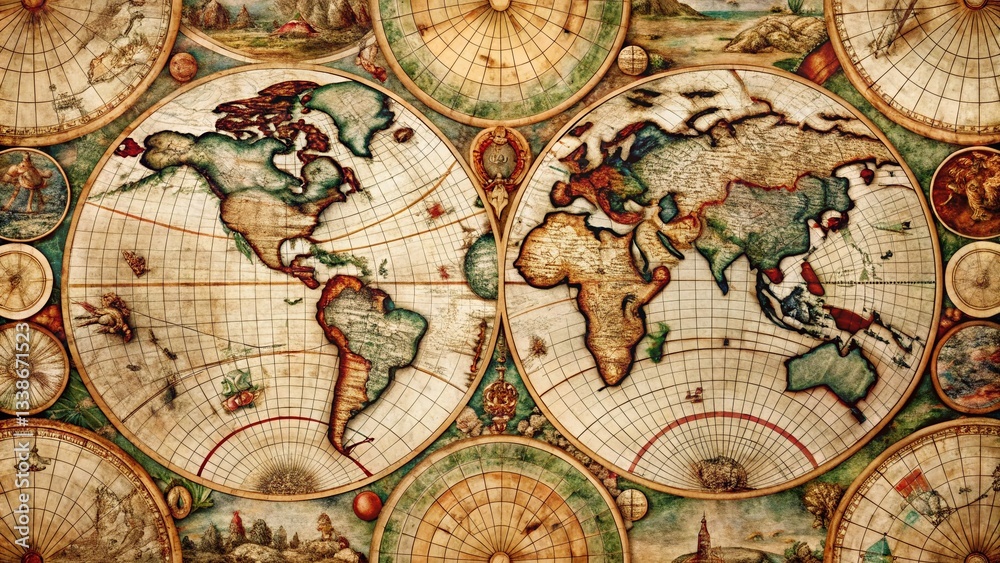 Fototapeta premium Vintage World Map Fragments: Overlapping Antique Cartography Pattern