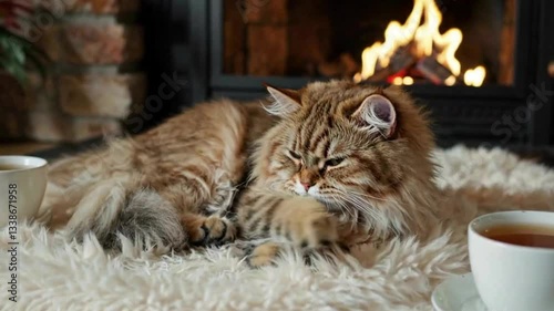 Golden British Longhair cat peacefully napping on a soft faux fur rug by the fireplace, surrounded by cozy autumn vibes and warm flickering light.