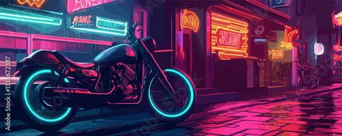 Neon-lit motorcycle on rainy urban night street with vibrant signs.
