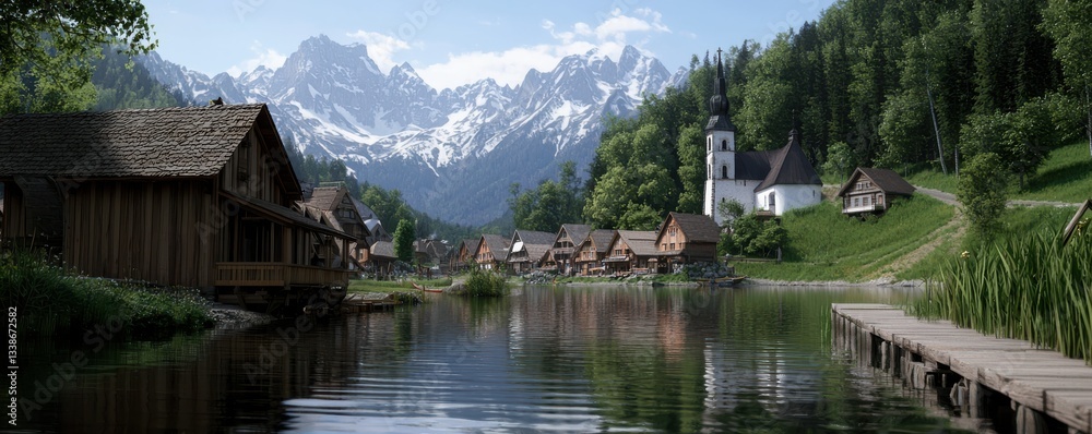 Fototapeta premium A serene lakeside village surrounded by mountains, featuring quaint wooden houses and a church, reflecting the beauty of nature.