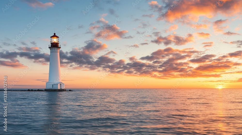 Serene Lighthouse Against Dusk Sky and Calm Ocean Waves Embraced by Vibrant Sunset Colors Serene Lighthouse Against Dusk Sky and Calm Ocean Waves Embraced by Vibrant Sunset Colors