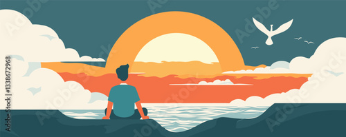 Tranquil sunset with silhouetted man meditating by the ocean under vibrant sky.