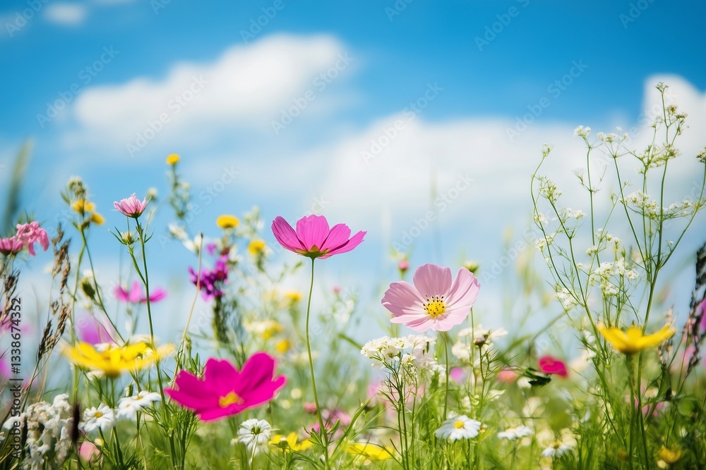 Vibrant Field of Wildflowers Blooming Under a Clear Summer Sky With Fluffy Clouds in the Background Generative AI Vibrant Field of Wildflowers Blooming Under a Clear Summer Sky With Fluffy Clouds in the Background Generative AI