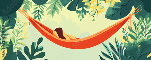 Woman relaxing in hammock amid lush greenery and blooming flowers.